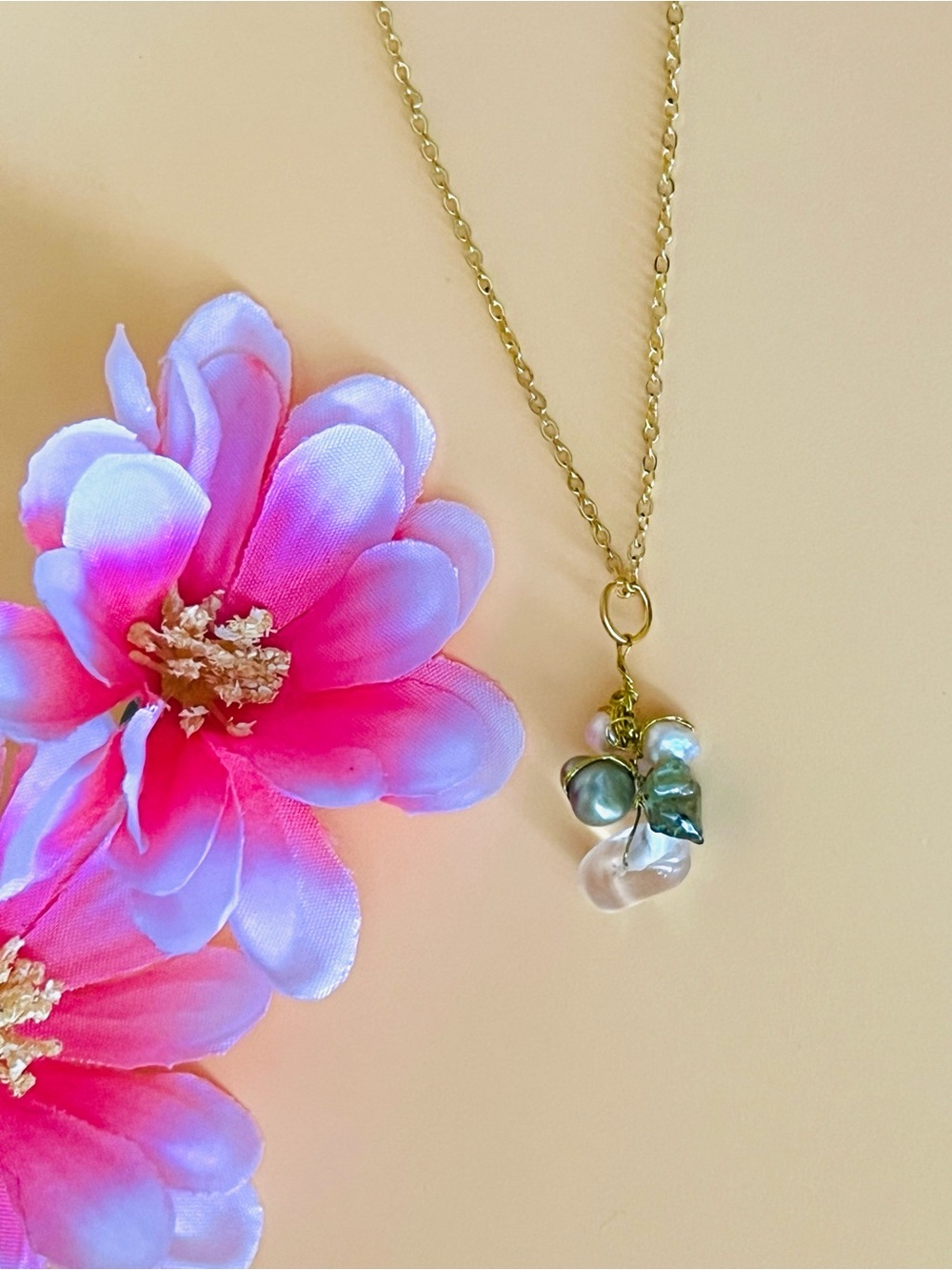 Gold plated Pearl Cluster Pendant Necklace - Women Jewelry